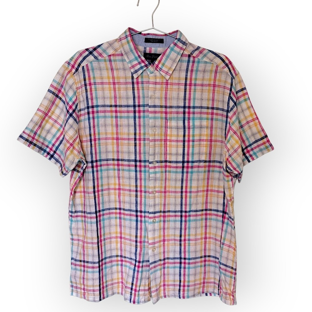 Alan Flusser Mens Plaid Linen Cotton‎ Short Sleeve Button Up Shirt Sz L Casual